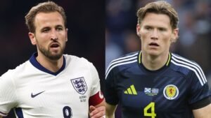 England captain Harry Kane and Scotland defender Scott McTominay, showcasing their national team kits during World Cup preparations.