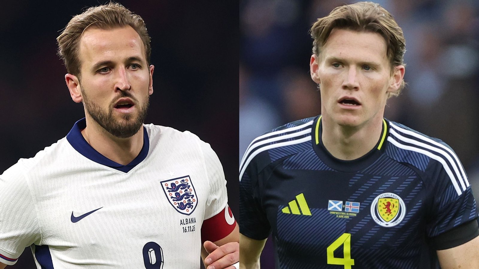 England captain Harry Kane and Scotland defender Scott McTominay, showcasing their national team kits during World Cup preparations.