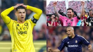Cristiano Ronaldo, vêtu d’un maillot jaune, montre sa frustration, tandis que Lionel Messi célèbre en rose et que Ronaldo Nazário pose dans la tenue du Real Madrid.