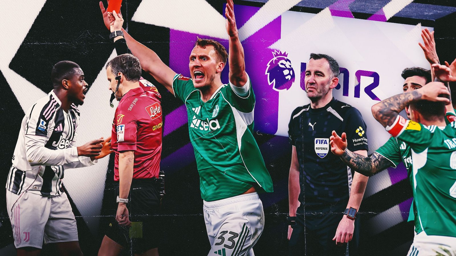 Juventus players react amid VAR controversy, with a referee assessing the situation, showcasing intense emotions in a match context.