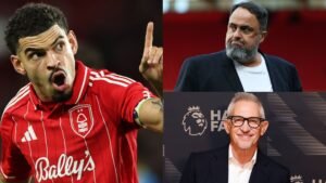 Nottingham Forest player with raised finger, Greek owner Evangelos Marinakis looking concerned, and former player Gary Lineker in formal attire.