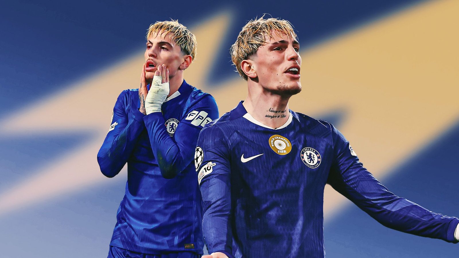 Garnacho en maillot bleu de Chelsea, affichant deux expressions : l'inquiétude et la détermination, sur un fond dynamique bleu et jaune.