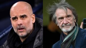 Pep Guardiola with a serious expression on the left, and Sir Jim Ratcliffe appearing contemplative on the right, both engaged in football discussion.
