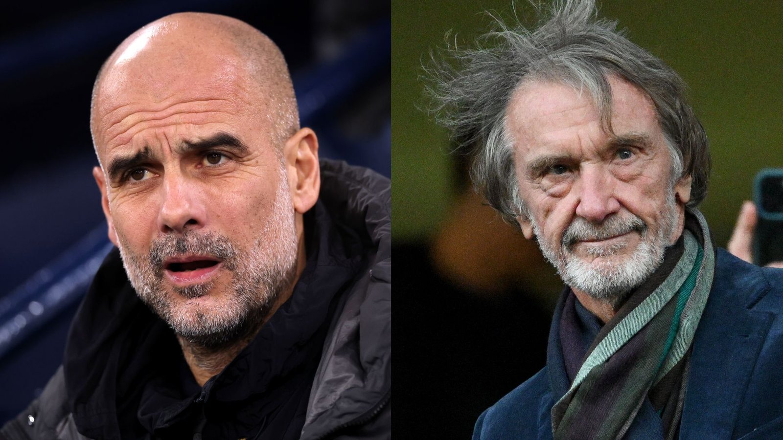 Pep Guardiola with a serious expression on the left, and Sir Jim Ratcliffe appearing contemplative on the right, both engaged in football discussion.