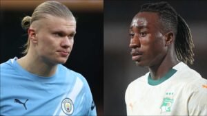 Erling Haaland in a light blue Manchester City kit juxtaposed with an Ivorian player in a white national team jersey, highlighting key football figures.