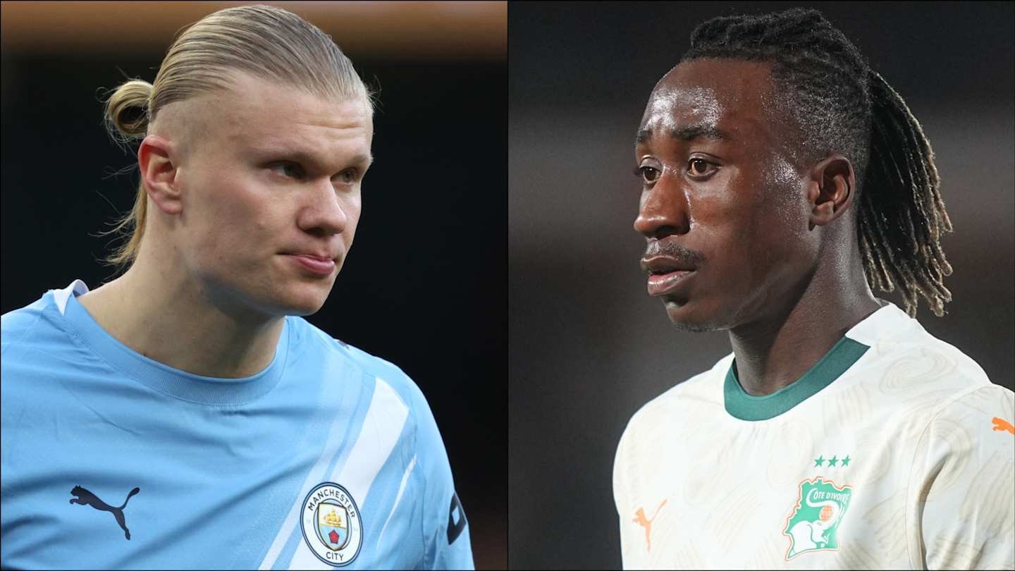 Erling Haaland in a light blue Manchester City kit juxtaposed with an Ivorian player in a white national team jersey, highlighting key football figures.