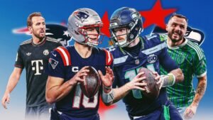 Harry Kane, alongside NFL stars, with the Patriots and Seahawks logos in the background, showcasing team loyalties for Super Bowl.