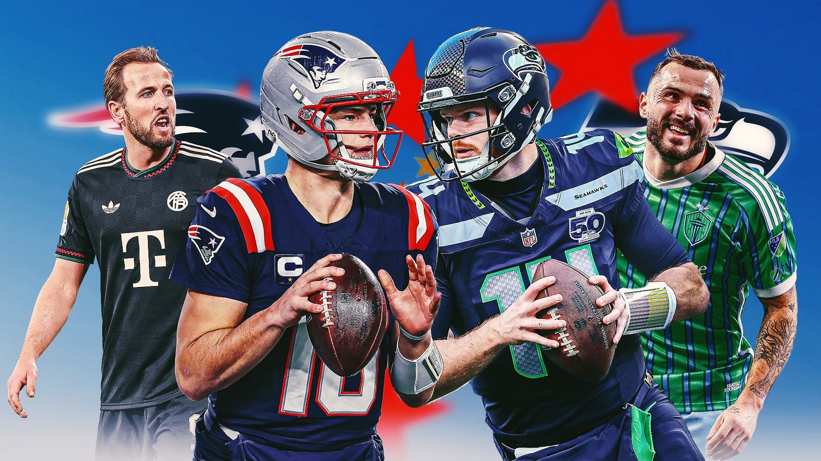 Harry Kane, alongside NFL stars, with the Patriots and Seahawks logos in the background, showcasing team loyalties for Super Bowl.
