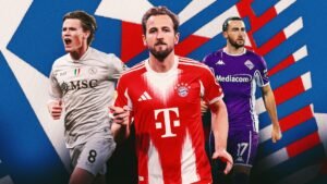 Harry Kane dans le maillot rouge du Bayern Munich, encadré par deux joueurs aux tenues contrastées sur un fond bleu et rouge vibrant.
