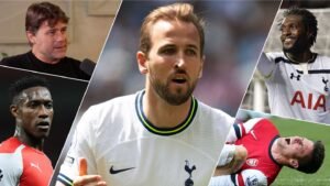 Harry Kane in a Tottenham kit, flanked by Mauricio Pochettino, Danny Welbeck, and an injured Arsenal player, highlighting rivalry.