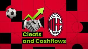 Des mains se serrant sur le logo de l'AC Milan avec un ballon de football et une flèche ascendante, symbolisant la croissance financière dans le football.