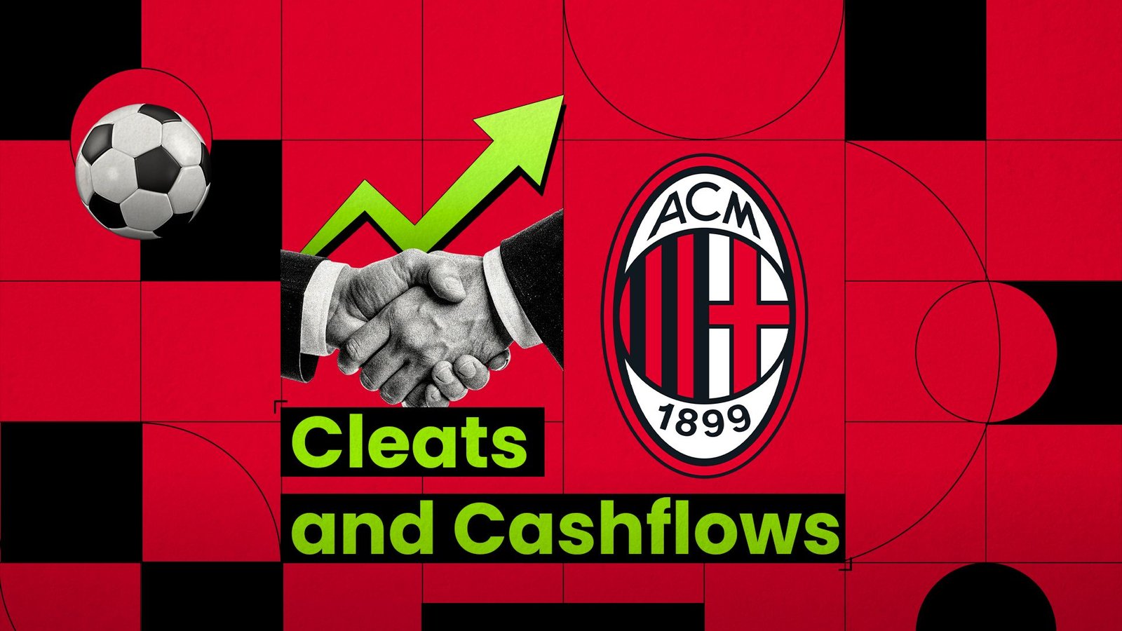 Des mains se serrant sur le logo de l'AC Milan avec un ballon de football et une flèche ascendante, symbolisant la croissance financière dans le football.