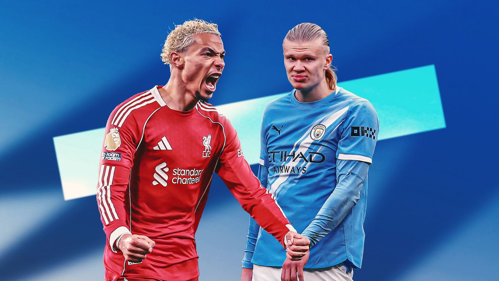Hugo Ekitike célèbre avec passion en tenue rouge de Liverpool, tandis que Erling Haaland, aux couleurs bleues de Manchester City, observe calmement.