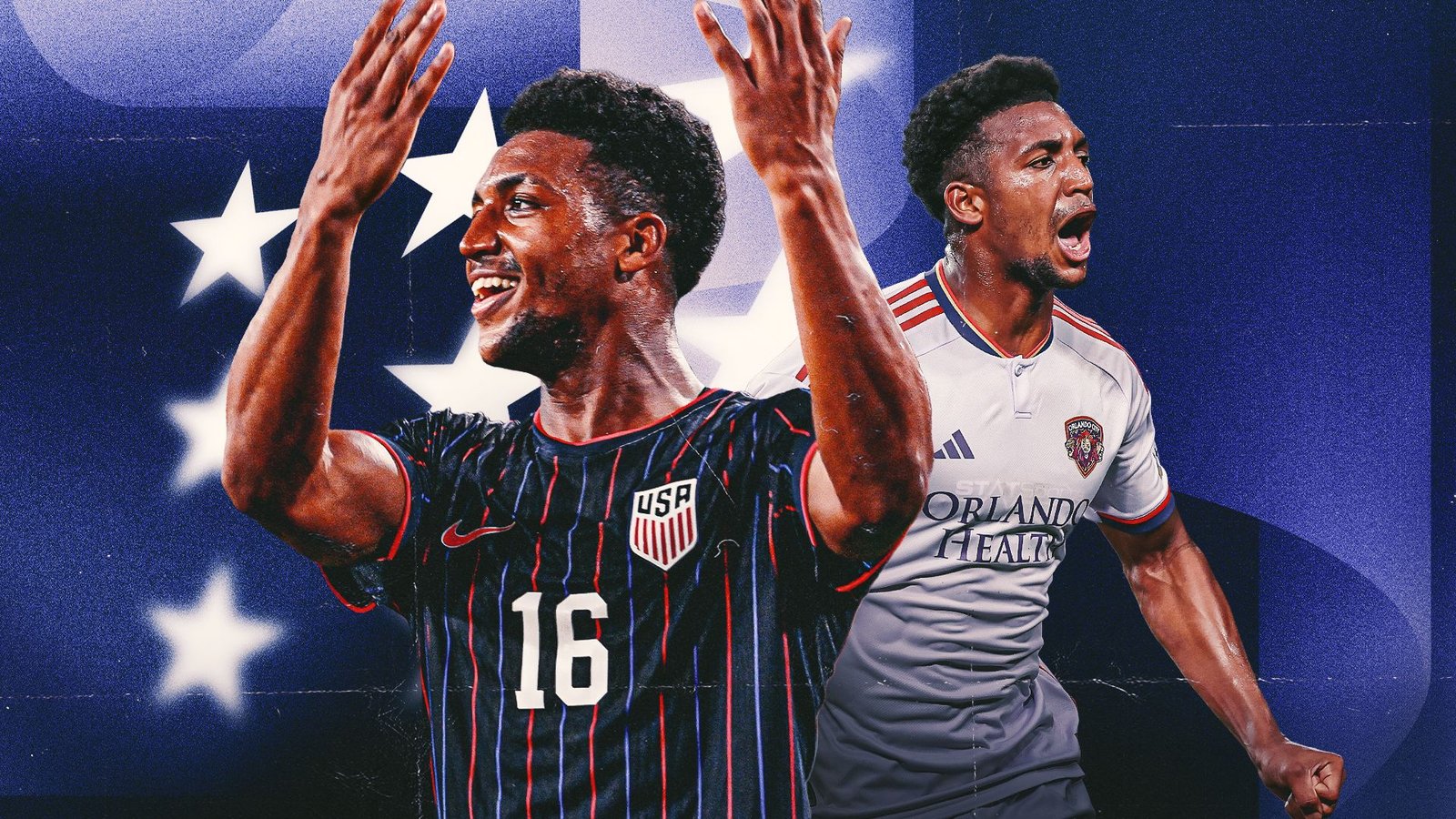 Alex Freeman célèbre en tenue des États-Unis, avec en arrière-plan des étoiles et les couleurs de son club, l'Orlando City SC, symbolisant son ascension.