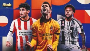 Christian Pulisic in AC Milan's orange kit, flanked by players in red and white and black and white kits, against a vibrant backdrop.