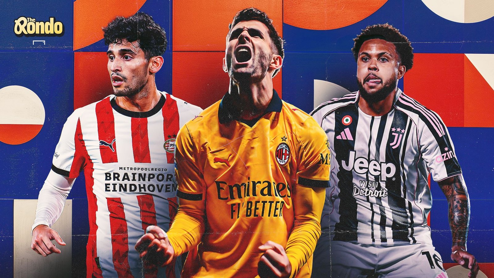 Christian Pulisic in AC Milan's orange kit, flanked by players in red and white and black and white kits, against a vibrant backdrop.