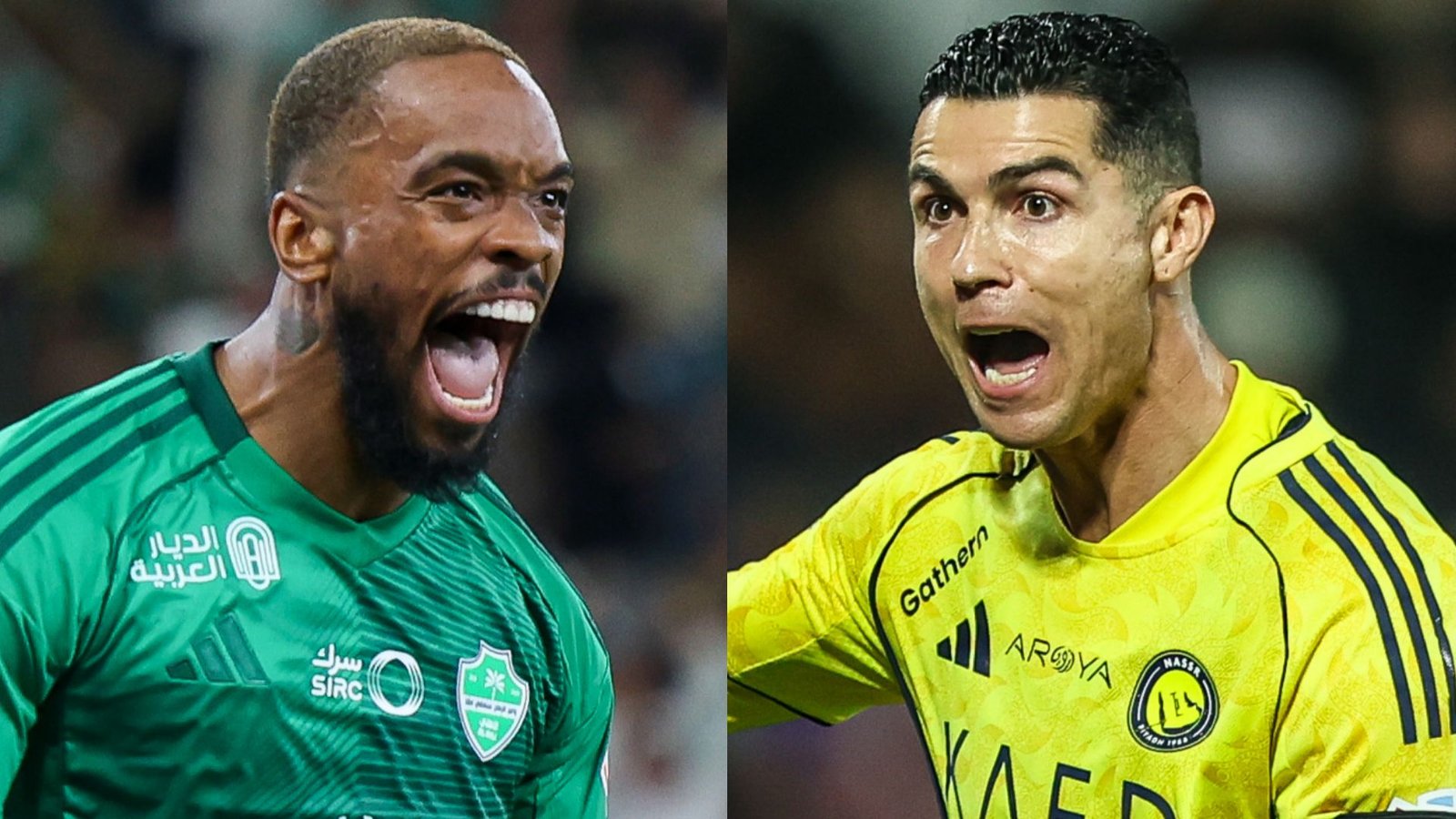 Ivan Toney et Cristiano Ronaldo, vêtus de maillots vert et jaune vibrants, célébrant avec passion lors d'un match de Saudi Pro League.