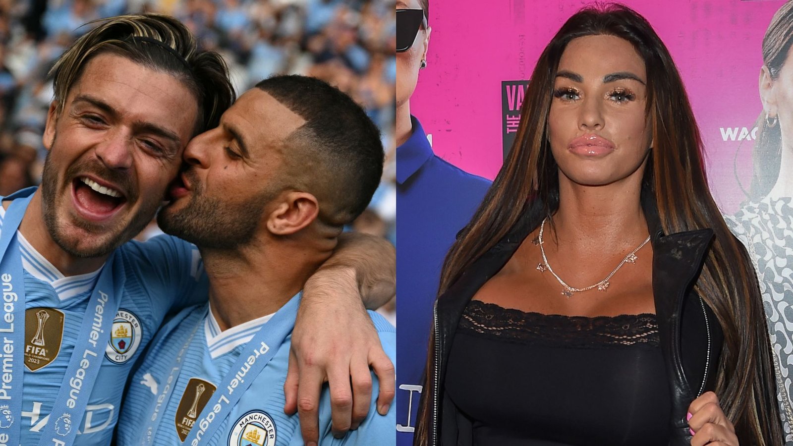 Jack Grealish et Kyle Walker célèbrent ensemble dans le maillot bleu clair de Manchester City, tandis que Katie Price pose dans une tenue noire saisissante.