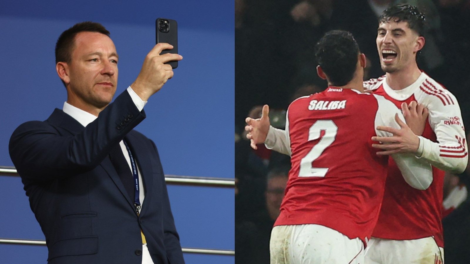 John Terry prenant un selfie à gauche, tandis que les joueurs d'Arsenal Saliba et Havertz célèbrent un but à droite pendant un match.