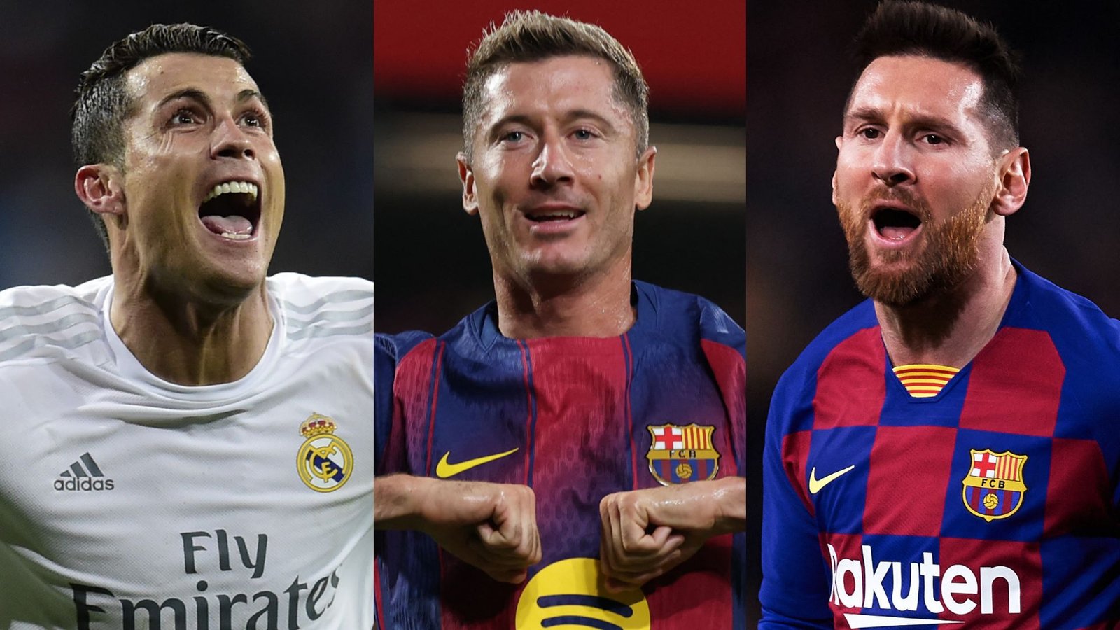 Cristiano Ronaldo, Robert Lewandowski et Lionel Messi célèbrent, arborant leurs maillots de club emblématiques et des expressions de triomphe sur des arrière-plans vibrants.