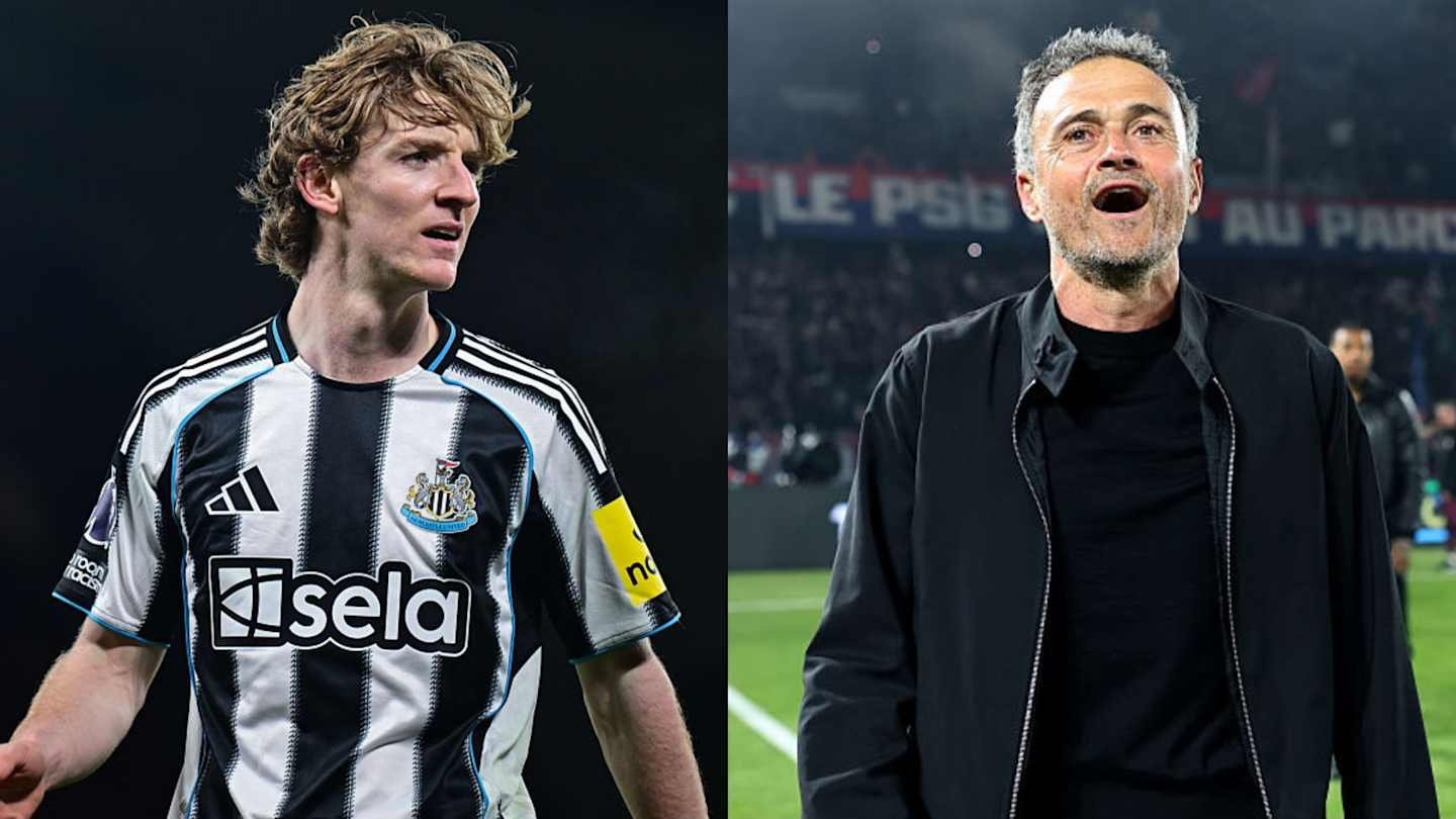 Newcastle's young star, sandwiched between two black-and-white stripes, alongside PSG's manager celebrating a match, highlighting Premier League talent.