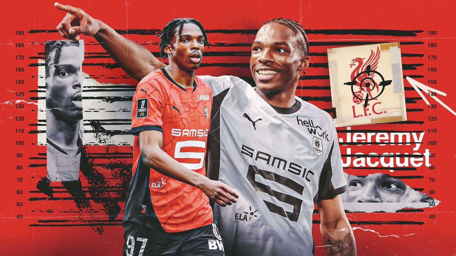 Jeremy Jacquet célèbre son transfert à Liverpool, à côté de son maillot du Stade Rennais, sur un fond rouge vif arborant le logo de Liverpool.