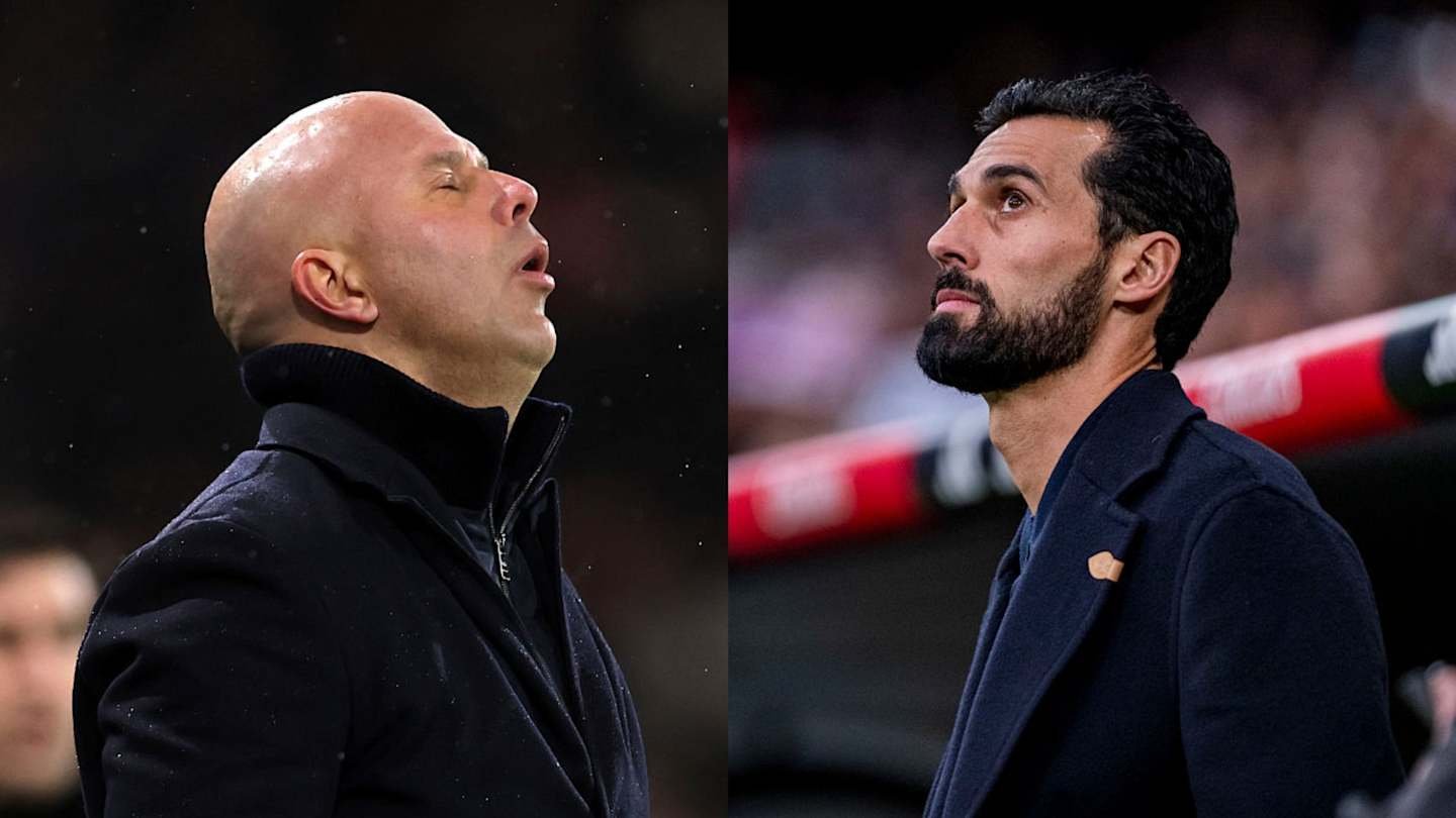 Two football managers are shown in profile: one appears frustrated with eyes closed, while the other gazes thoughtfully, both in dark jackets.