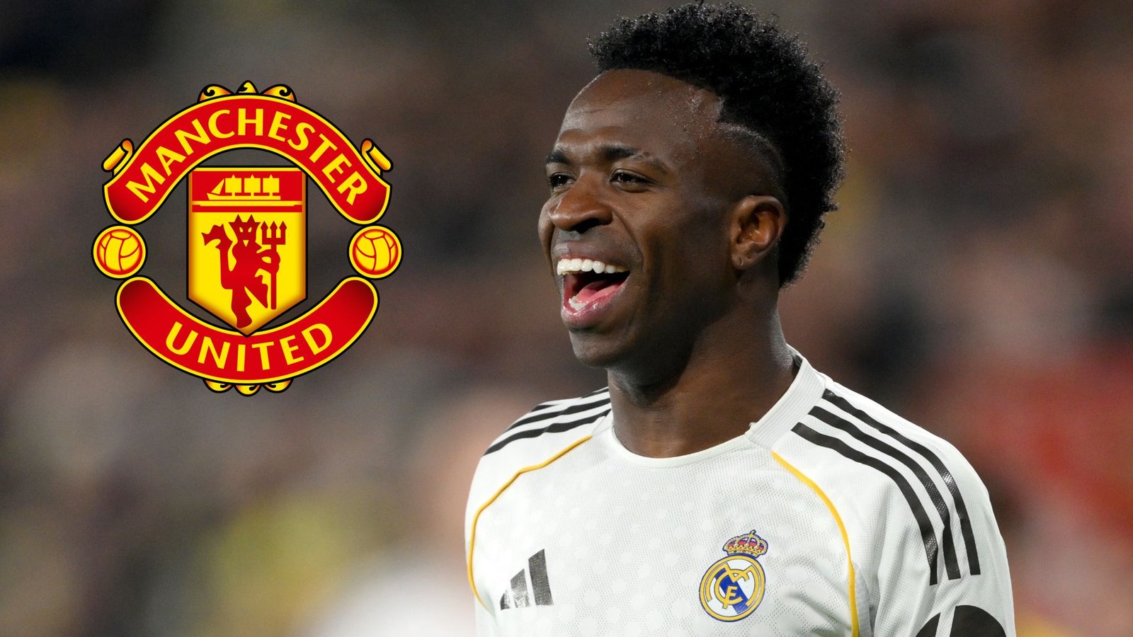 Vinícius Júnior célébrant un but pour le Real Madrid, avec un superposé du logo de Manchester United, mettant en lumière un intérêt potentiel pour un transfert.