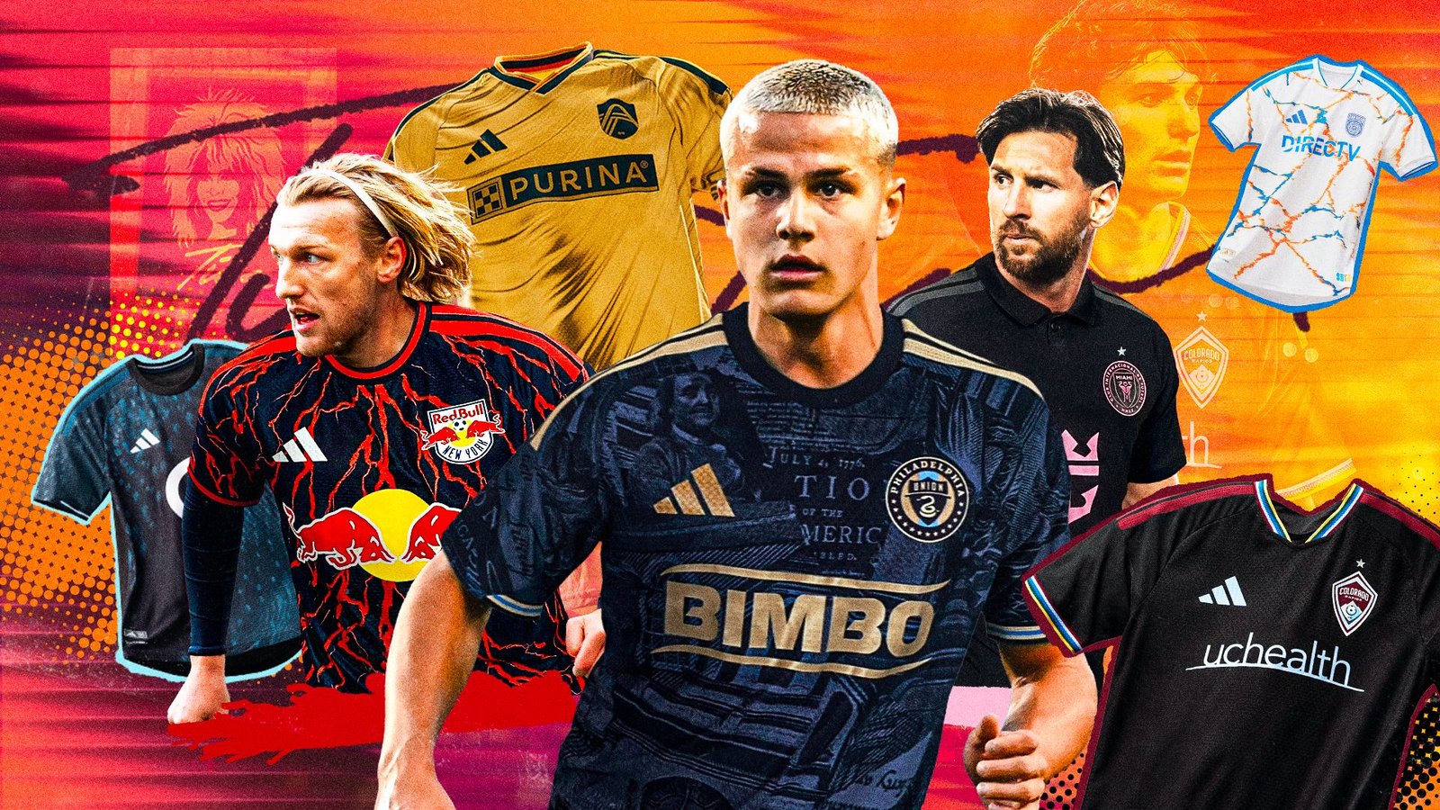 Un collage dynamique présentant les maillots MLS 2026, mettant en scène des joueurs de diverses équipes, dont St. Louis, Nashville et d'autres clubs, sur un fond énergique.