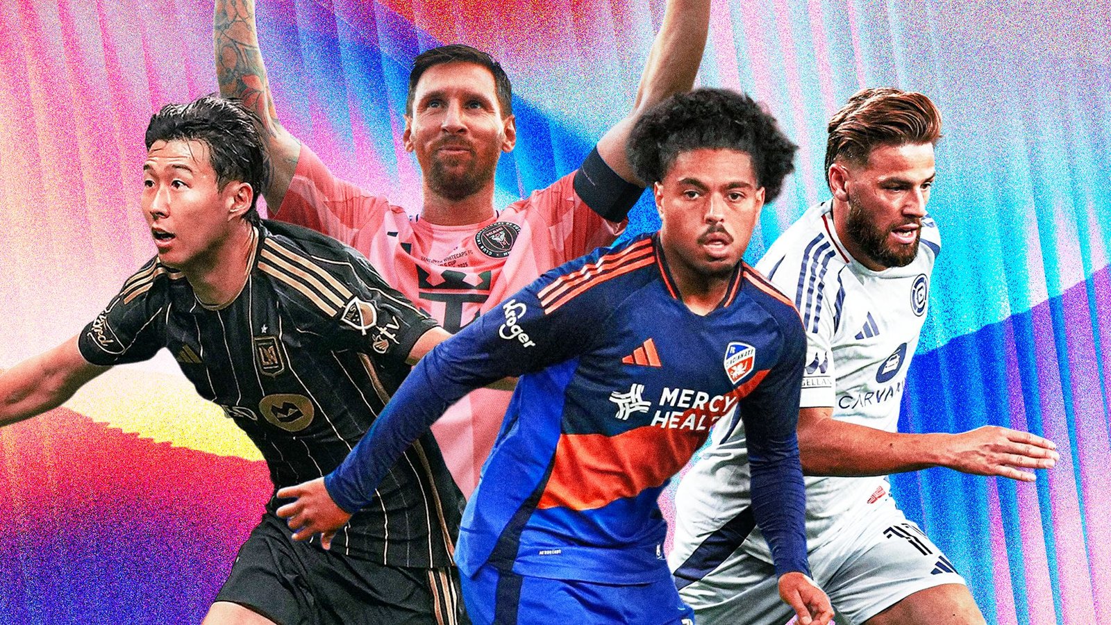 Four football players are featured: Messi in a pink Miami kit, a LAFC player in black and gold, a FC Cincinnati player in orange and navy, and a NYCFC player in white, set against a vibrant gradient background.