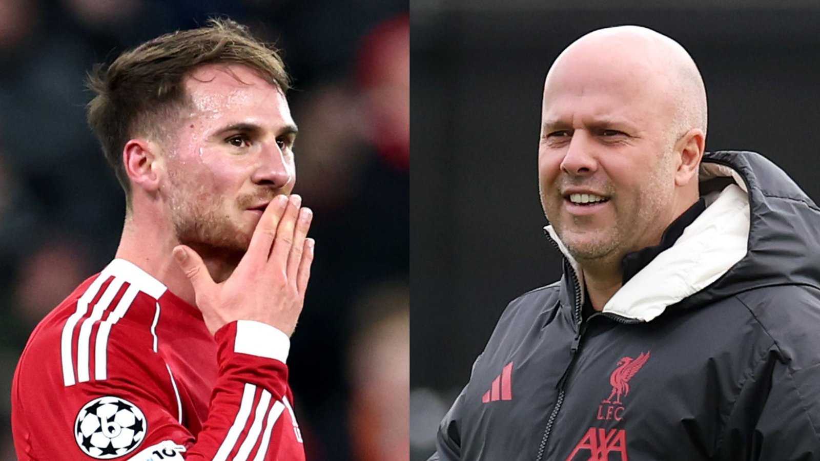 Mac Allister de Liverpool semble pensif, tandis que le manager Slot sourit lors d'une réunion d'équipe, illustrant leur connexion.