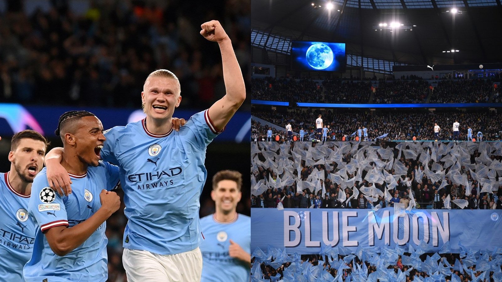 Het vieren van Manchester City-spelers, waaronder Erling Haaland, met fans die een "Blue Moon"-spandoek tonen in het stadion.