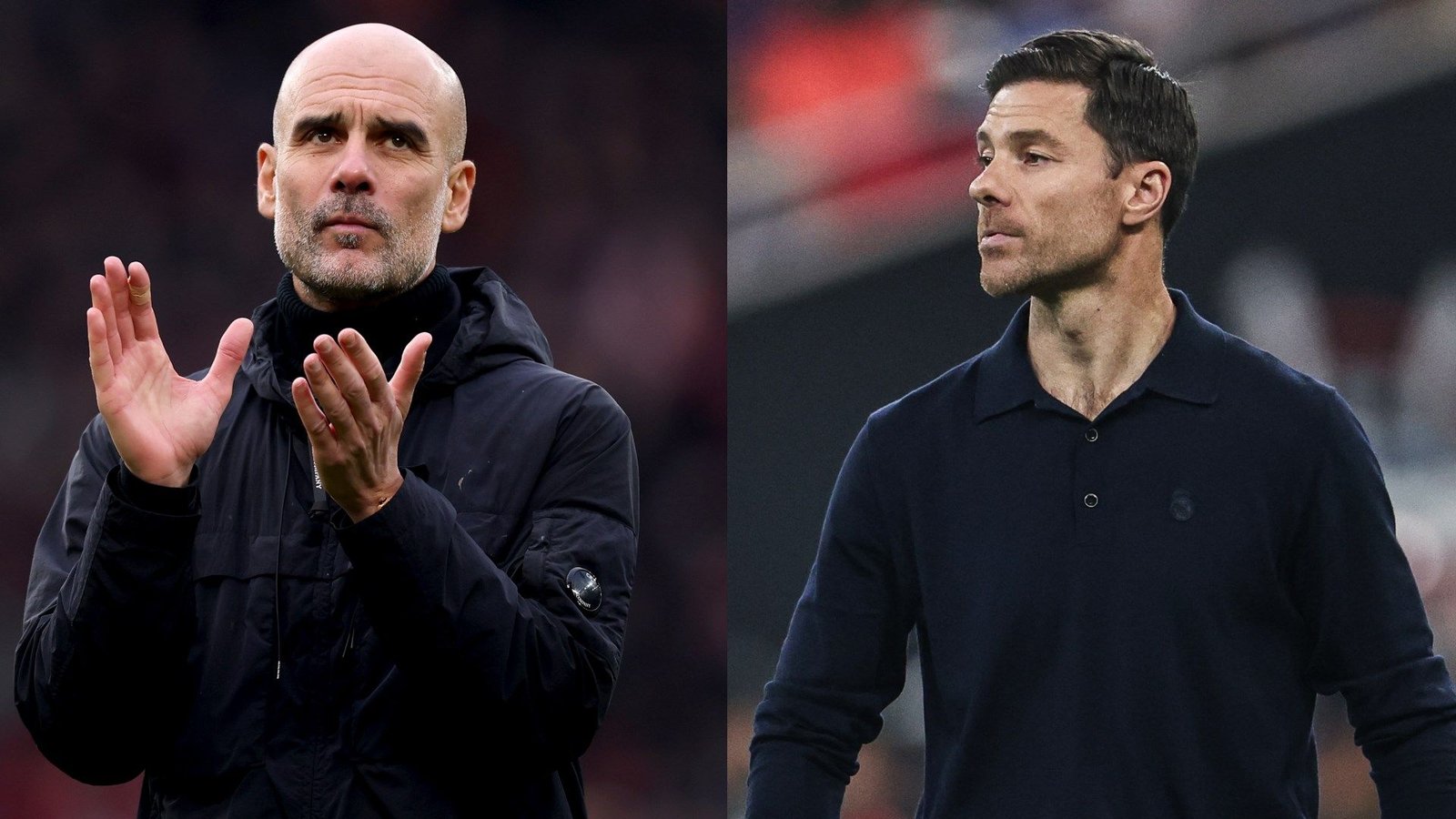 Pep Guardiola gesticule depuis la touche en veste noire, tandis que Xabi Alonso observe en polo marine, tous deux réfléchissant à des décisions managériales.