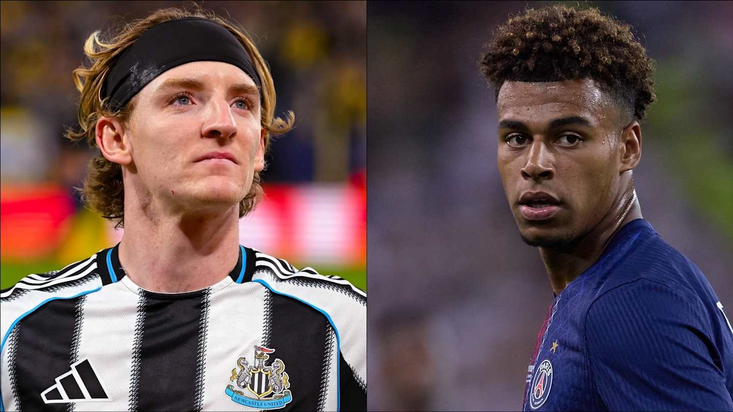 Newcastle's Anthony Gordon in a black and white striped kit alongside PSG's Nordi Mukiele in a dark jersey, highlighting transfer targets.