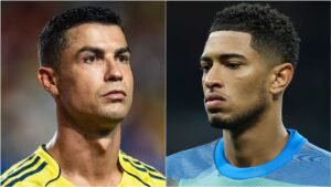 Cristiano Ronaldo in a yellow jersey on the left, and a serious young player in a blue jersey on the right, highlighting iconic football figures.