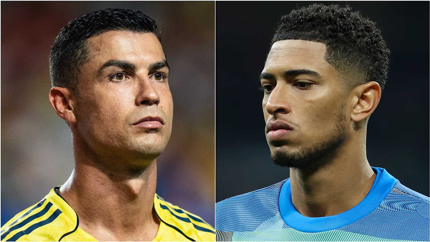 Cristiano Ronaldo in a yellow jersey on the left, and a serious young player in a blue jersey on the right, highlighting iconic football figures.