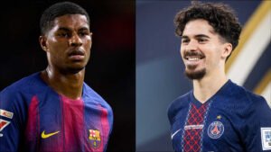 Marcus Rashford in a Barcelona kit, alongside Vitinha in a PSG kit, highlighting potential transfers in European football.