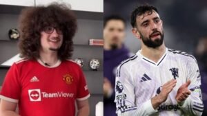 Manchester United fan with curly hair in a red jersey alongside Bruno Fernandes, applauding after a match in a white kit.