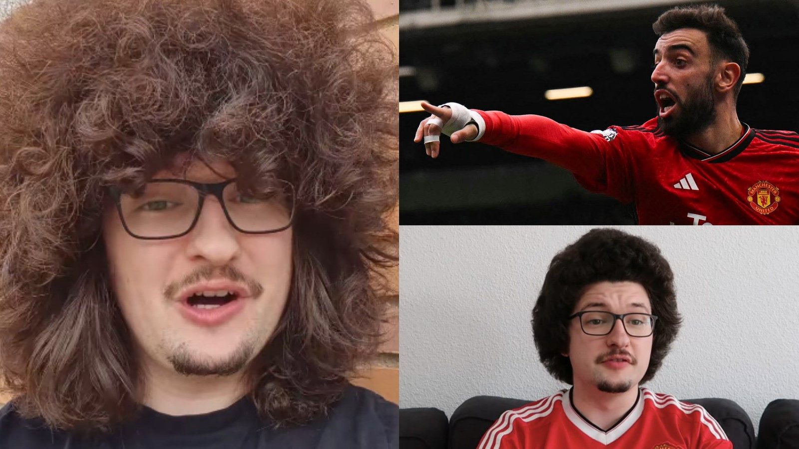 Montage of two individuals showing unique hairstyles inspired by Bruno Fernandes, a Manchester United player. Fernandes gestures passionately during a match.
