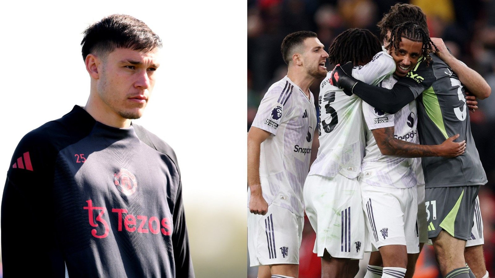 Manuel Ugarte in a Manchester United kit, focused and serious, alongside teammates celebrating a goal in a Premier League match.