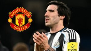 Newcastle midfielder Sandro Tonali in a black and white striped kit, looking thoughtful, alongside the Manchester United logo.