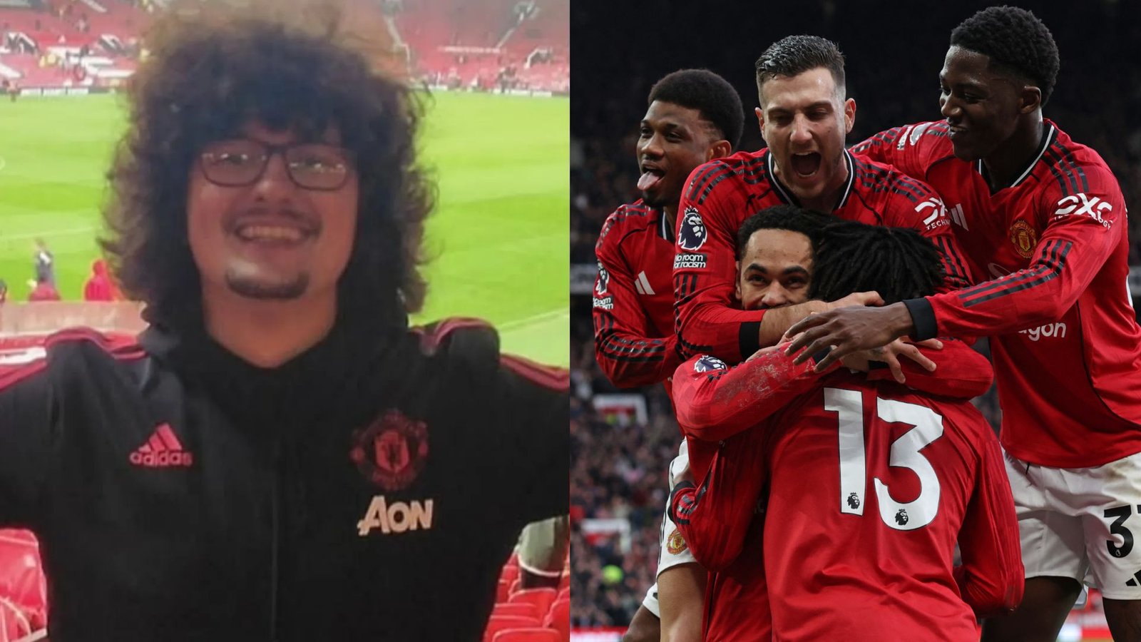 Un super-supporteur de Manchester United aux cheveux bouclés célèbre aux côtés de joueurs en maillots rouges après un match, illustrant l’esprit d’équipe à Old Trafford.