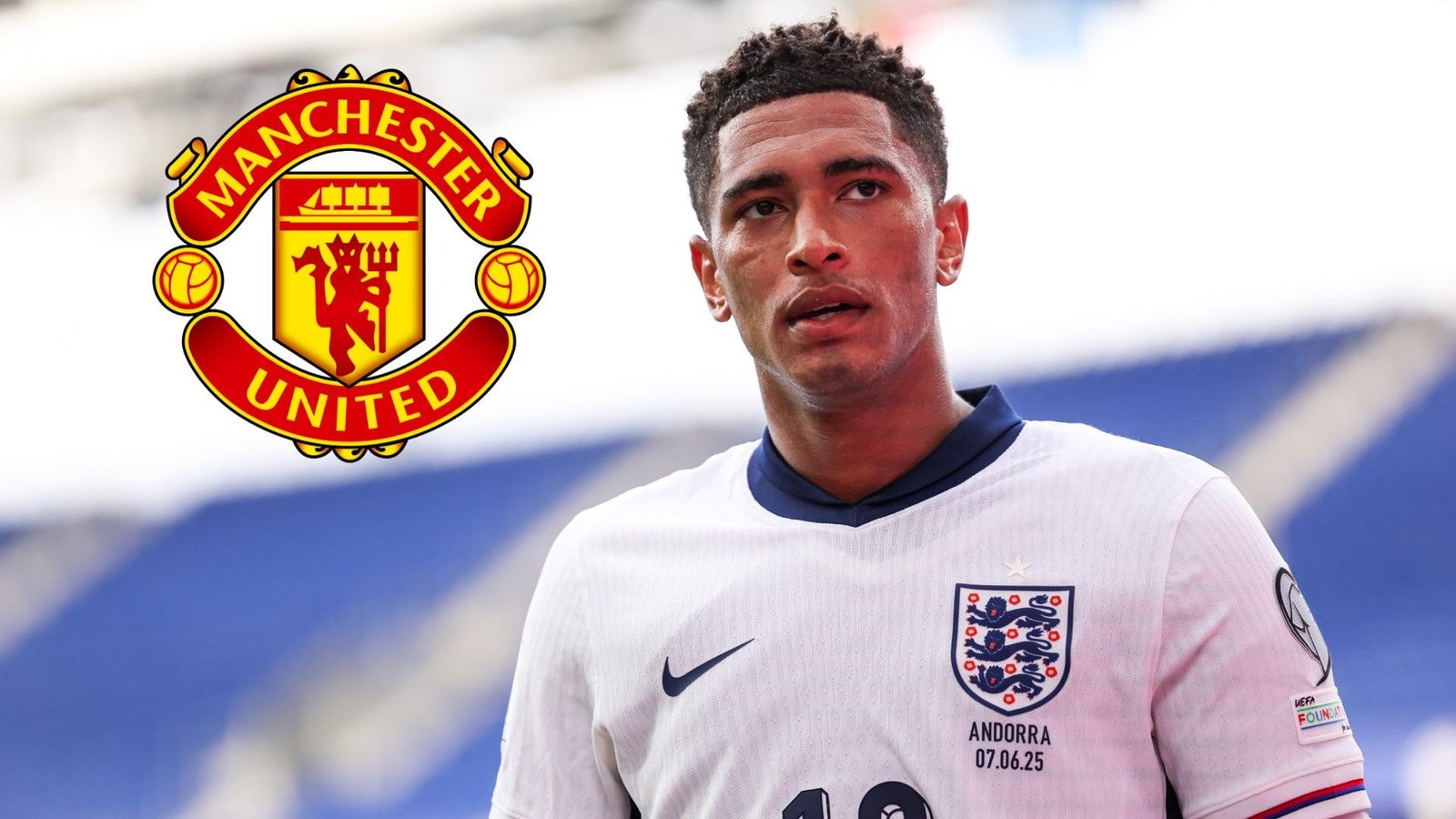 Jude Bellingham en tenue de l'Angleterre, affichant une expression concentrée, aux côtés du logo de Manchester United, évoquant les spéculations de transfert.