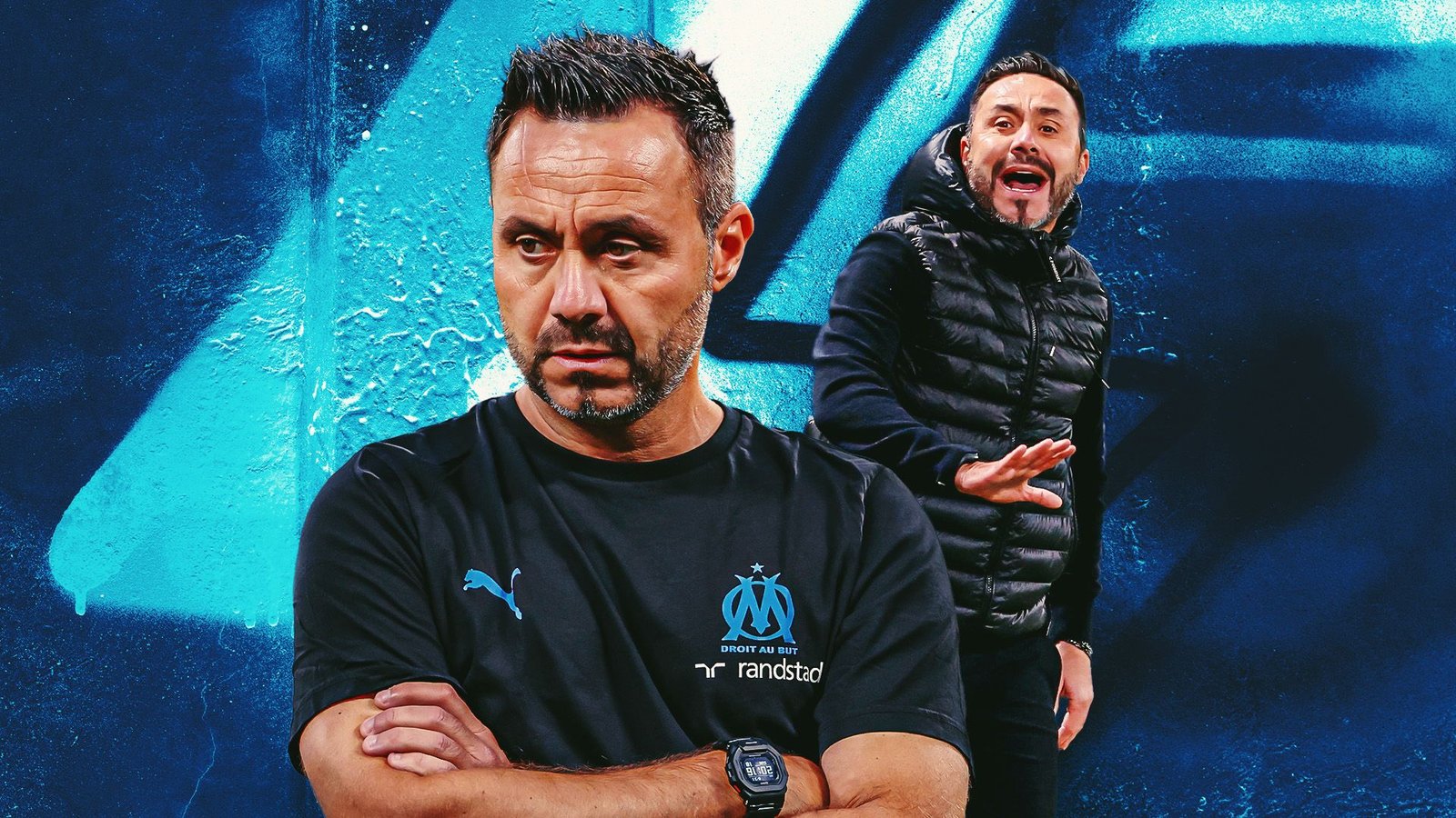 Roberto De Zerbi looks contemplative in a Marseille shirt, against a blue backdrop, as a teammate gestures animatedly behind him.