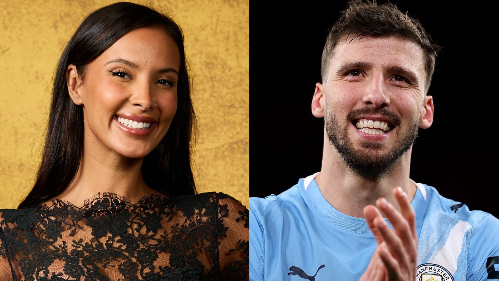 Maya Jama lacht in een elegante zwarte jurk naast Manchester City's Ruben Dias in een lichtblauw tenue, terwijl beiden stralend in de camera kijken.