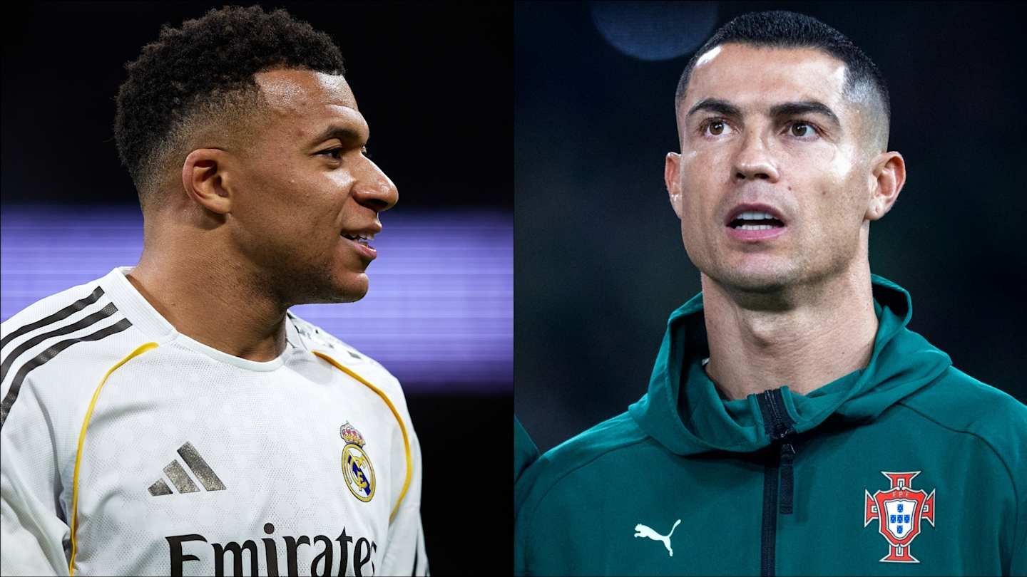 Kylian Mbappé in a Real Madrid kit, looking contemplative, alongside Cristiano Ronaldo in Portugal attire, both in matchday settings.