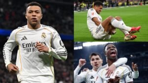 Kylian Mbappé célèbre la transformation d'un penalty pour le Real Madrid ; Jude Bellingham grimace de douleur après une chute, tandis que ses coéquipiers se regroupent autour de lui.