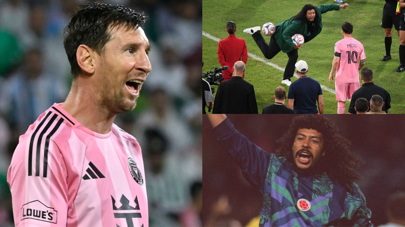 Lionel Messi, vêtu du maillot rose de l'Argentine, célèbre aux côtés de René Higuita, qui exécute de manière spectaculaire un coup du scorpion pendant un match.