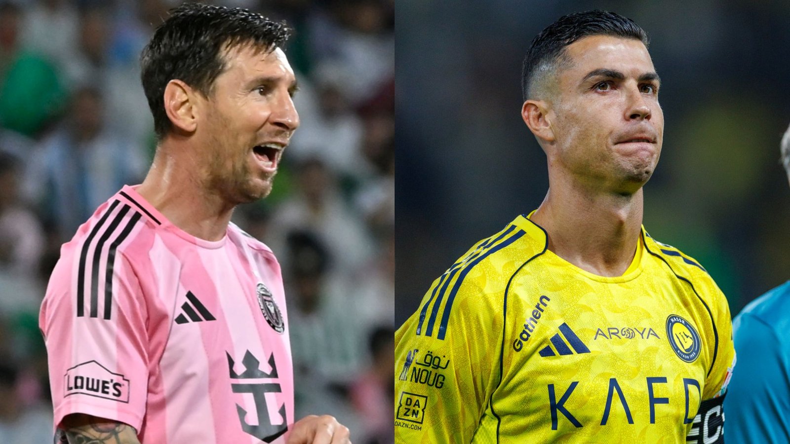 Lionel Messi dans un maillot rose d'Inter Miami et Cristiano Ronaldo dans un maillot jaune d'Al Nassr, affichant tous deux des émotions intenses pendant le jeu.