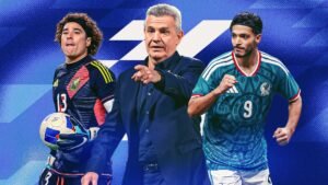 Projection du roster mexicain pour la Coupe du Monde 2026 présentant le gardien Guillermo Ochoa, l'entraîneur Diego Cocca et l'attaquant Raúl Jiménez sur fond bleu.